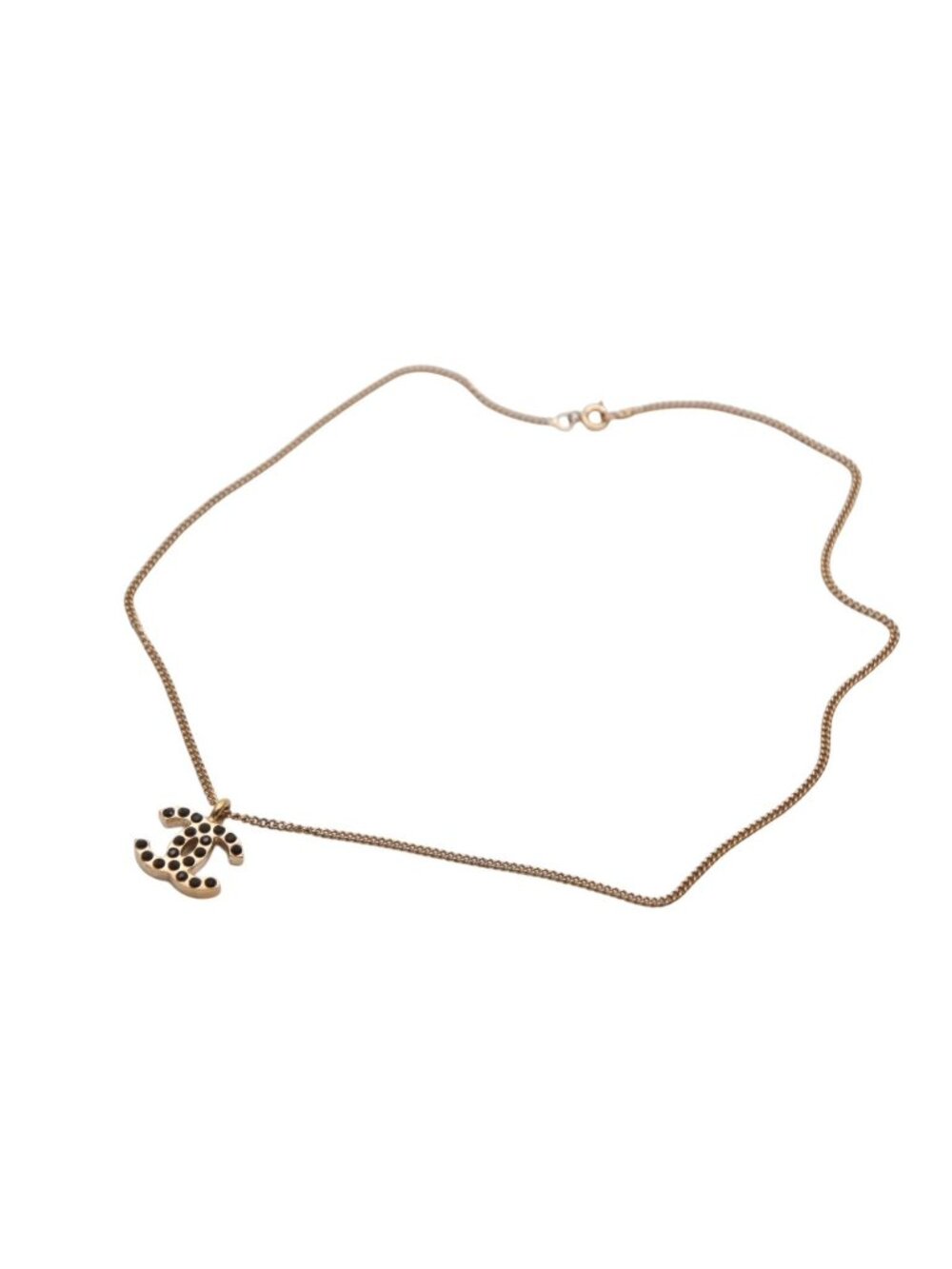 Chanel CC Logo Black Rhinestone Necklace Metal Gold